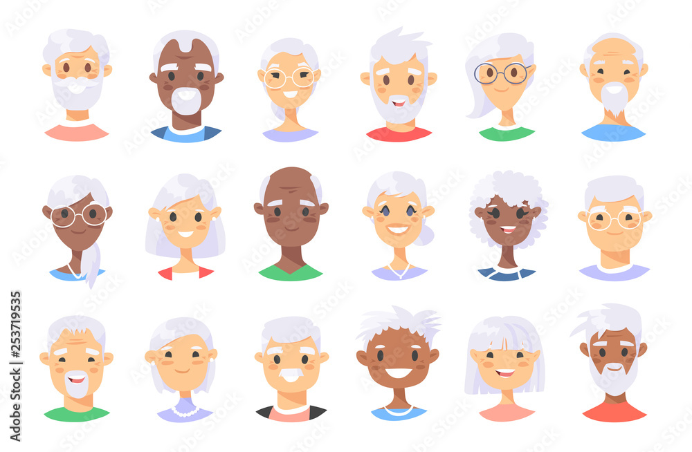 Set of male and female characters. Cartoon style elderly people icons. Isolated guys avatars. Flat illustration men and women faces. Hand drawn vector drawing portraits Set of male and female characters. Cartoon style elderly people icons. Isolated guys avatars. Flat illustration men and women faces. Hand drawn vector drawing portraits