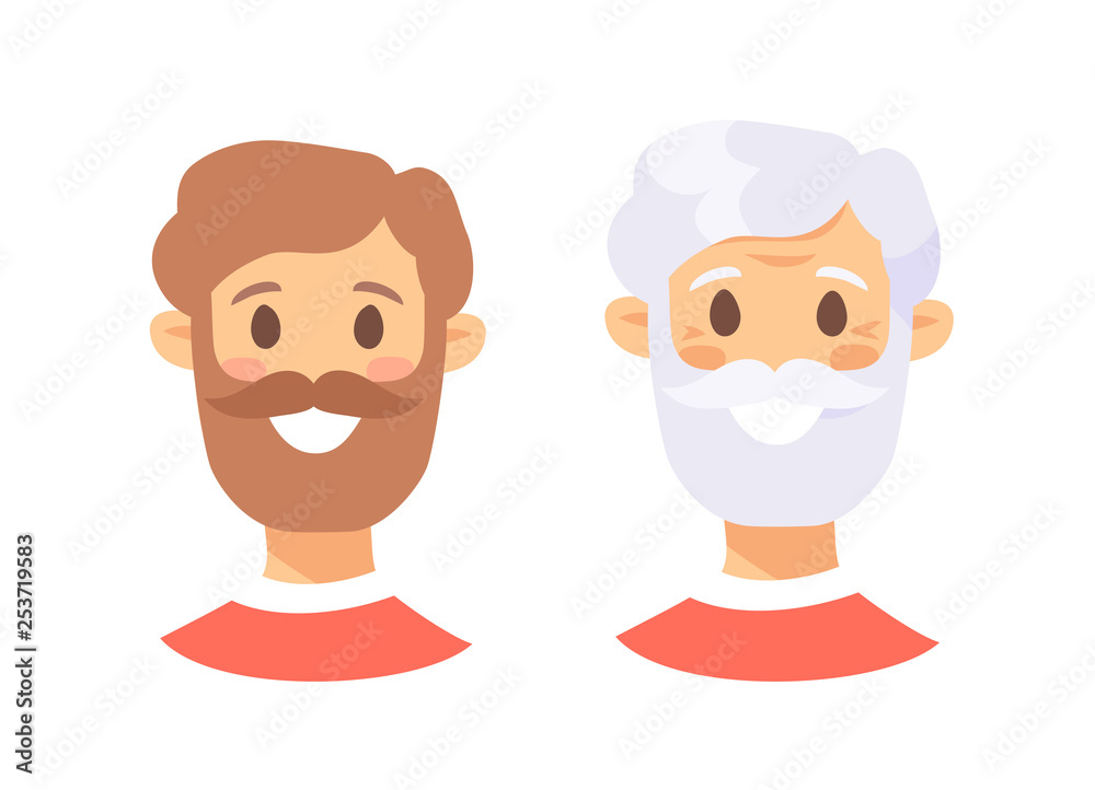Set of caucasian male characters. Cartoon style elderly and young people icons. Isolated guys avatars. Flat illustration men faces. Hand drawn vector drawing portraits before and after