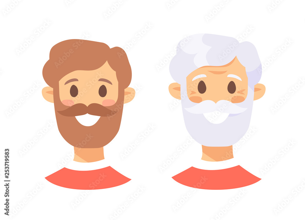 Set of caucasian male characters. Cartoon style elderly and young people icons. Isolated guys avatars. Flat illustration men faces. Hand drawn vector drawing portraits before and after Set of caucasian male characters. Cartoon style elderly and young people icons. Isolated guys avatars. Flat illustration men faces. Hand drawn vector drawing portraits before and after
