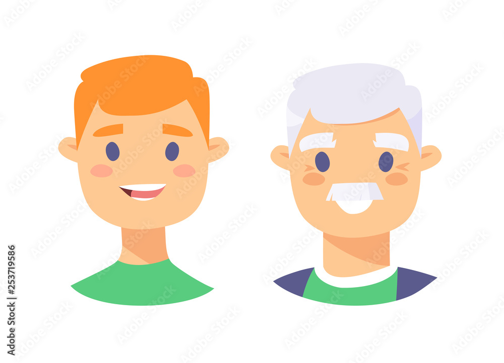 Set of caucasian male characters. Cartoon style elderly and young people icons. Isolated guys avatars. Flat illustration men faces. Hand drawn vector drawing portraits before and after Set of caucasian male characters. Cartoon style elderly and young people icons. Isolated guys avatars. Flat illustration men faces. Hand drawn vector drawing portraits before and after