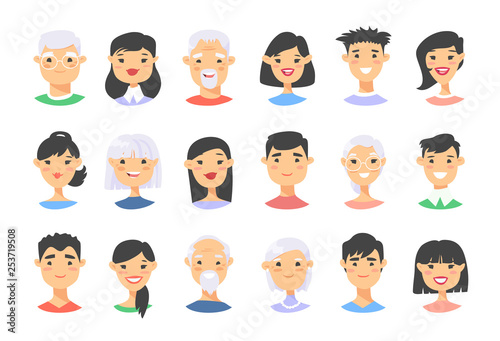 Set of asian male and female characters. Cartoon style elderly and young people icons.  © pomolchim