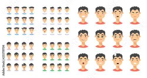 Set of male emoji characters. Cartoon style emotion icons. Isolated asian boys avatars with different facial expressions. Flat illustration men emotional faces. Hand drawn vector drawing emoticon