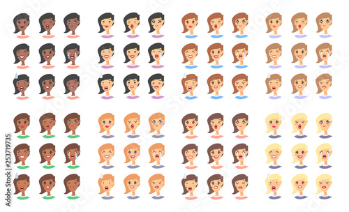 Set of female emoji characters. Cartoon style emotion icons. American girls avatars with different facial expressions. Flat illustration women emotional faces. Hand drawn vector drawing emoticon