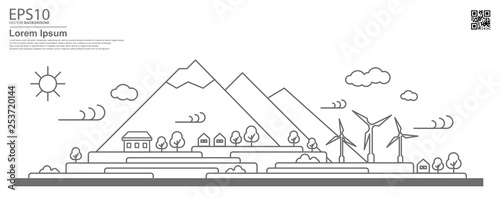  ECO Nature landscape. Mountain, turbine, tree. Renewable energy flat design concept.