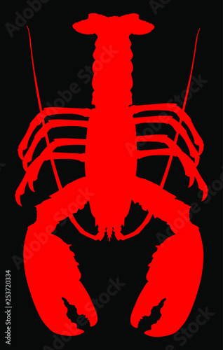 Red lobster vector silhouette isolated on black background. Crayfish or Shellfish symbol. Seafood sign for restaurant. Fresh dinner. 
