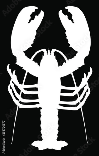 Lobster vector silhouette isolated on black background. Crayfish or Shellfish symbol. Seafood sign for restaurant. Fresh dinner. 