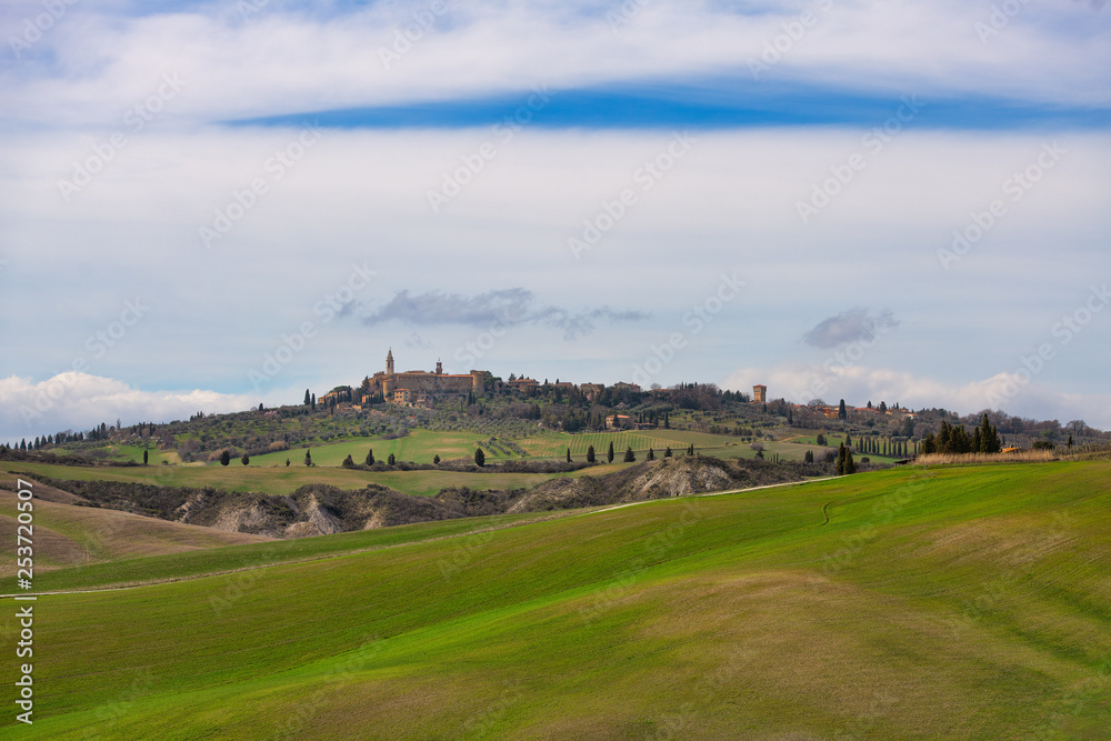 The Val d'Orcia in Tuscany Italy with the medieval village of Pienza
