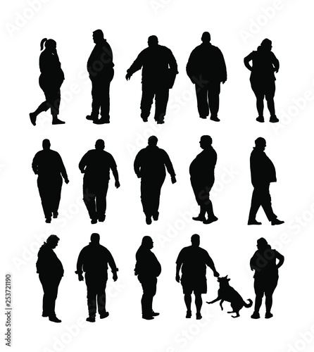 Fat man walking health care activity vector silhouette. Overweight person trouble. Big boy think about food. Difficult in moving. Breathless sweaty fat boy need break. Big belly. Fat couple. Fat woman