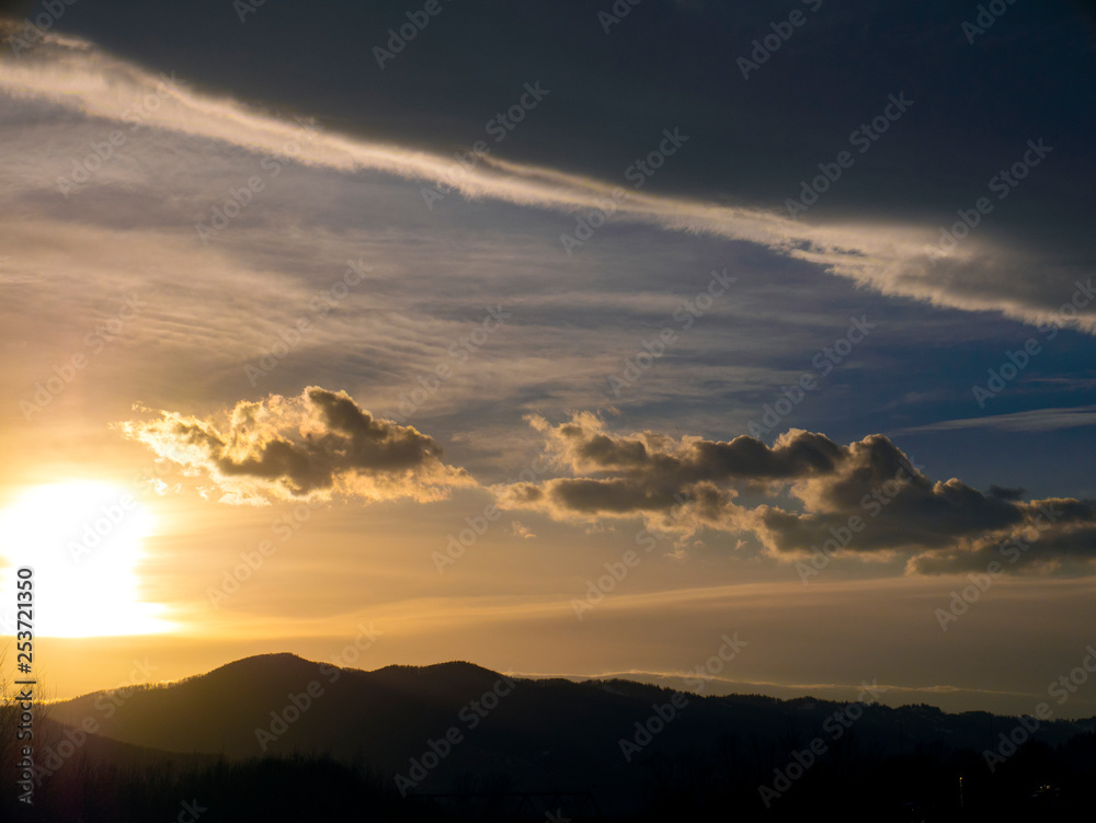 Amazing sky. Scenic Sunset in the mountains