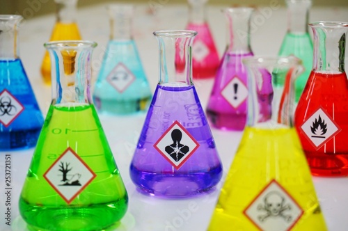 Many of Erlenmeyer flask with colorful solution and Variety type of chemical hazard warning symbols labels. Focus on Serious health hazard sign,symbol. photo
