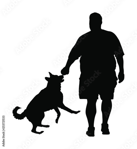 Fat man walking with dog vector silhouette. Health care outdoor activity. Overweight person trouble. German Shepherd running and playing with owner.Big boy think about food calorie. Difficult moving.