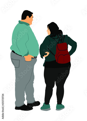 Fat man and woman is worry about health vector. Overweight person trouble. Big boy think about food calorie. Difficulties in moving. Breathless sweaty need break. Fat couple in love on date