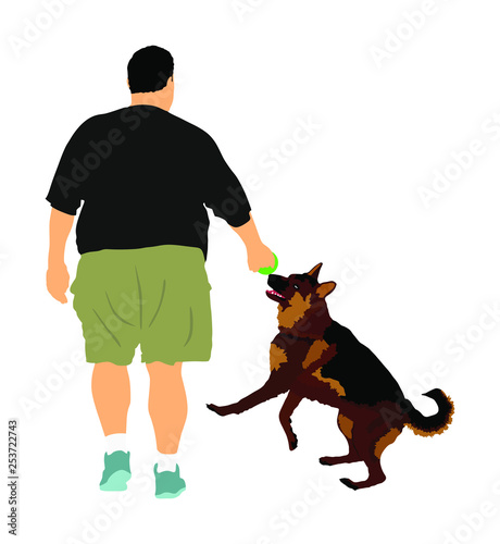 Fat man walking with dog vector. Health care outdoor activity. Overweight person trouble. German Shepherd running and playing with owner. Big boy think about food calorie. Difficult moving, sweating.