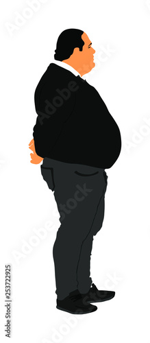 Fat man is worry about health vector illustration isolated on white background. Overweight person trouble. Big boy think about food calorie. Difficulties in moving. Breathless sweaty man need break.