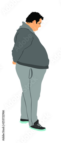 Fat man is worry about health vector illustration isolated on white background. Overweight person trouble. Big boy think about food calorie. Difficulties in moving. Breathless sweaty man need break.