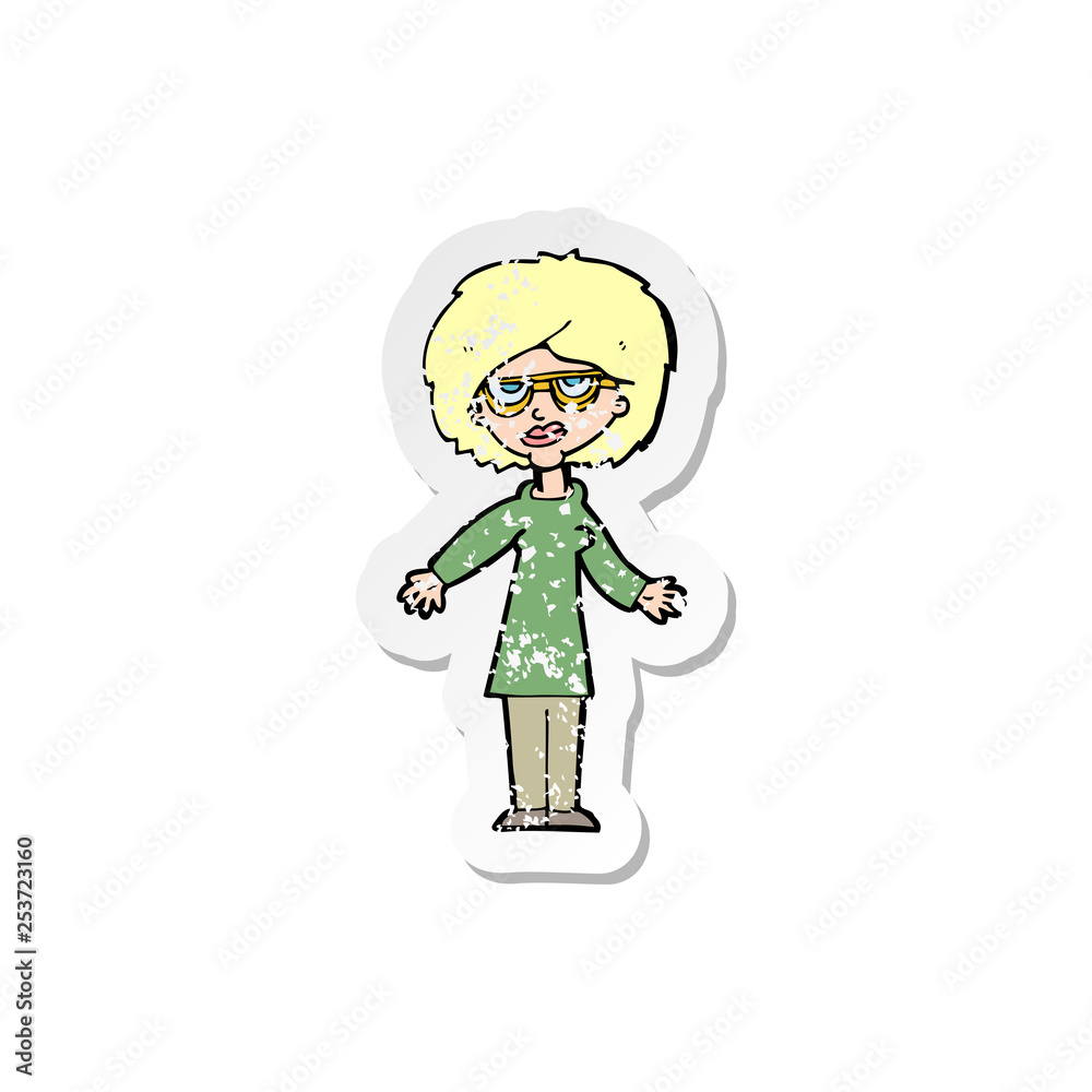 retro distressed sticker of a cartoon woman wearing glasses retro distressed sticker of a cartoon woman wearing glasses