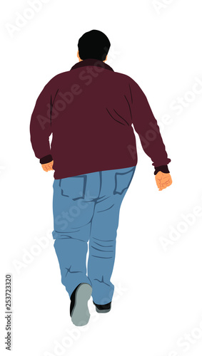 Fat man is worry about health vector illustration isolated on white background. Overweight person trouble. Big boy think about food calorie. Difficulties in moving. Breathless sweaty man need break.