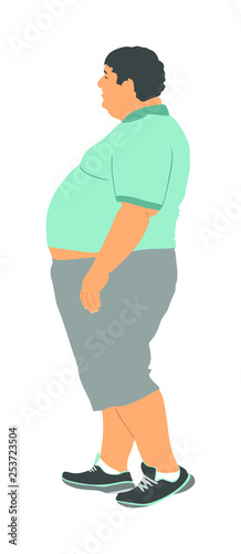 Fat man is worry about health vector illustration isolated on white background. Overweight person trouble. Big boy think about food calorie. Difficulties in moving. Breathless sweaty man need break.