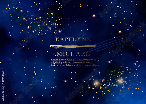 Magic night dark blue sky with sparkling stars vector wedding invitation. Andromeda galaxy. Gold glitter powder splash background. Golden scattered dust.