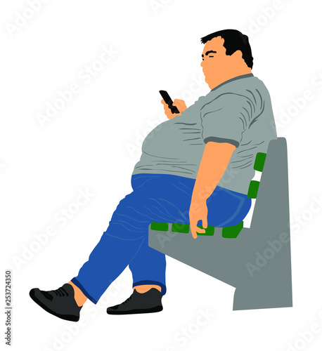 Fat man is worry about health vector isolated on white. Overweight person trouble. Big boy think about food calorie. Fat boy sitting on bench in park and ordering fast food by mobile phone. Giant man.