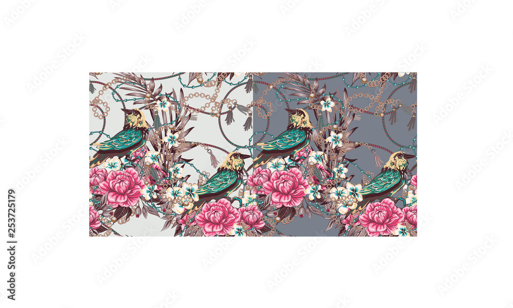 Elegance pattern with flowers and birds splendor of the 80's, chic bird chains flowers beautiful background in expensive style