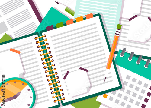 An open notebook or diary with notes. Planning. Study. Desktop top view. Work with documents.