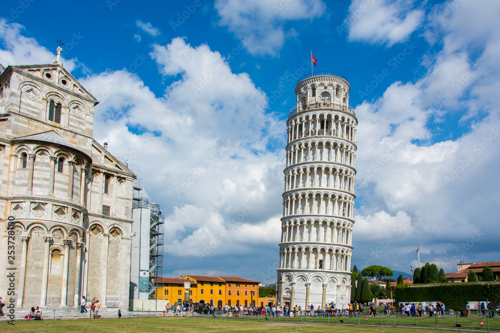 The Leaning Tower of Pisa, Italy, with the dramatic sky. The tower, located on Piazza dei Miracoli and famous for its tilt, is one of the iconic landmarks of Italy