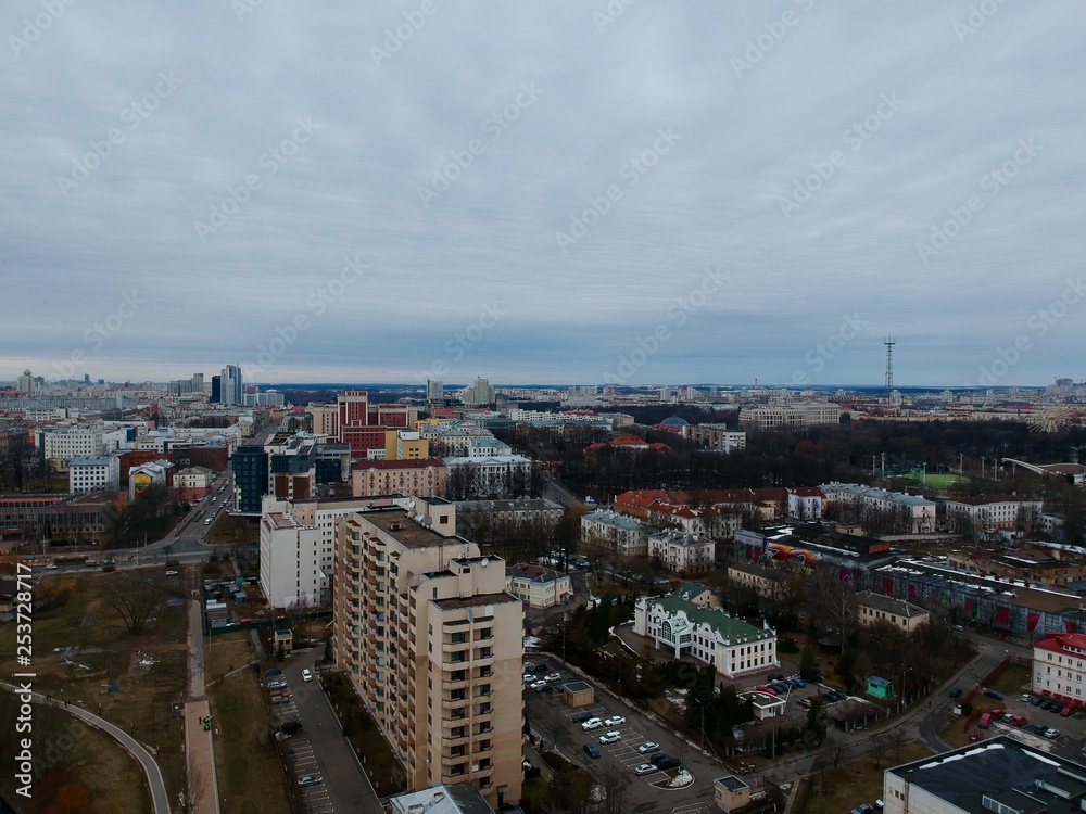 Fototapeta premium Aerial view of Minsk, Belarus near Oktyabrskaya street and Svisloch river
