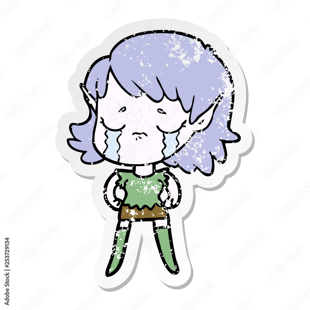 distressed sticker of a cartoon crying elf girl distressed sticker of a cartoon crying elf girl
