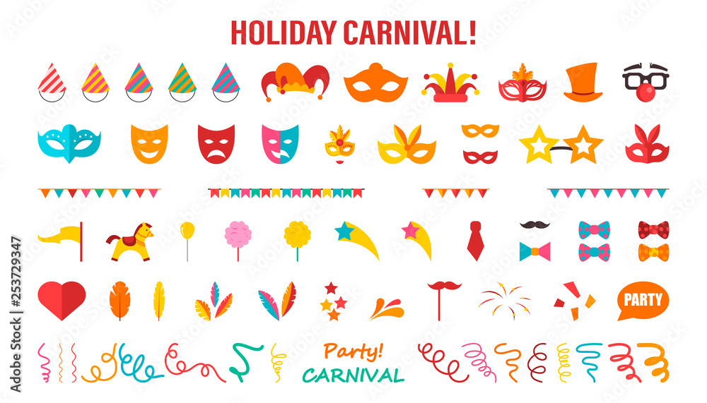 A set of different elements for a carnival or circus. Vector illustration on white isolated background
