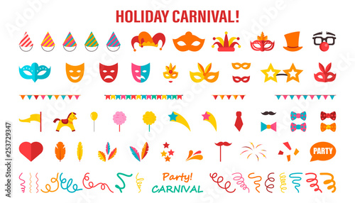 A set of different elements for a carnival or circus. Vector illustration on white isolated background © tanya_pogorelova