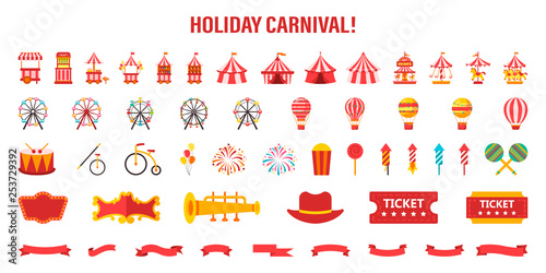 A set of different elements for a carnival or circus. Vector illustration on white isolated background
