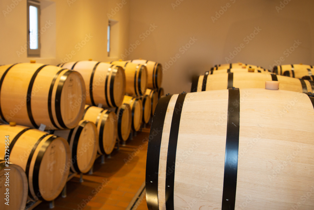 wood barrel of wine in the cellar in Bordeaux France wood barrel of wine in the cellar in Bordeaux France
