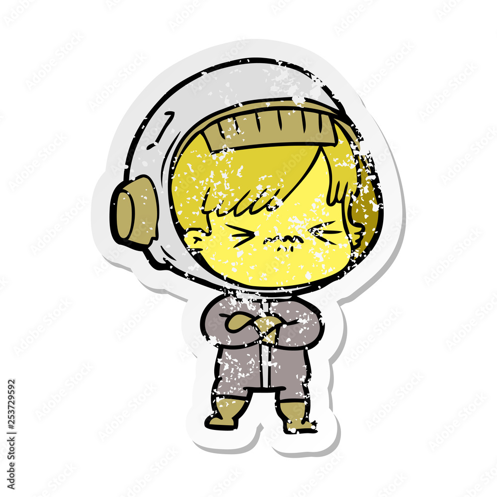 distressed sticker of a angry cartoon space girl distressed sticker of a angry cartoon space girl