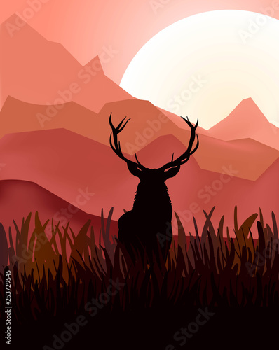 Animated rain deer in wild nature landscape at sunset. Beautiful sunset background with deer silhouette. Vector illustration