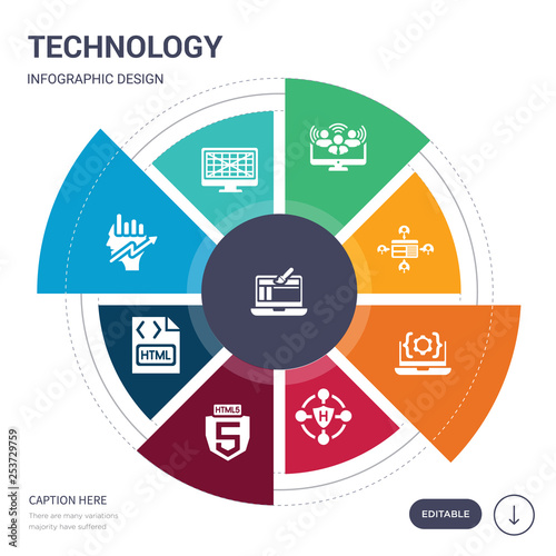 set of 9 simple technology vector icons. contains such as front end, grid system, growth hacking, html, html5, hybrid app, ide icons and others. editable infographics design