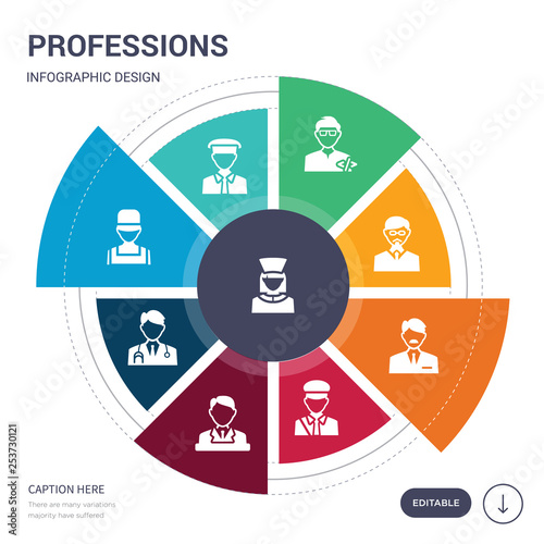 set of 9 simple professions vector icons. contains such as physician assistant, pilot, plumber, podiatrist, politician, postman, president icons and others. editable infographics design