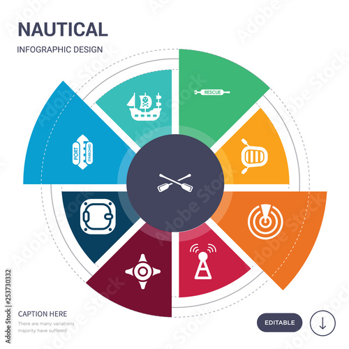 set of 9 simple nautical vector icons. contains such as paddles, pirate ship, port and starboard, porthole, propeller, radar, radar detection icons and others. editable infographics design