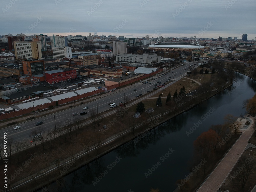 Aerial view of Minsk, Belarus near Oktyabrskaya street and Svisloch river