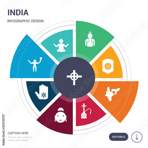 set of 9 simple india vector icons. contains such as gnostic, guru, hanuman, henna painted hand, hindu, hookah, india icons and others. editable infographics design
