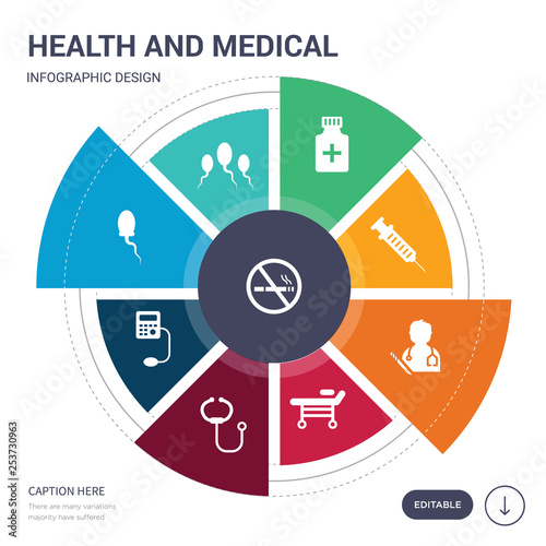 set of 9 simple health and medical vector icons. contains such as smoking, sperm, spermatozoon, sphygmomanometer, stethoscope, stretcher, surgery icons and others. editable infographics design