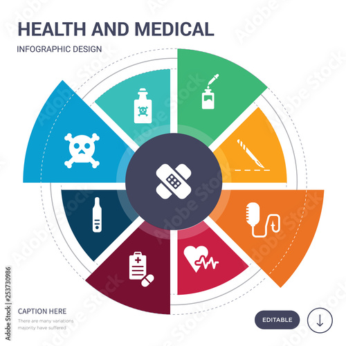 set of 9 simple health and medical vector icons. contains such as plaster, poison, poisonous, pregnancy test, prescription, pulse, saline icons and others. editable infographics design