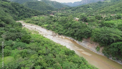 Aerial view of river in Bolivian countryside, lush green trees, near village Timoteo Rondales - landscape panorama of Bolivia from above, South America photo