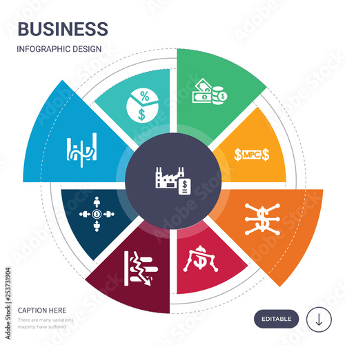 set of 9 simple business vector icons. contains such as manufacturing output, margin, median, merger, microeconomics, minimum wage, monetarism icons and others. editable infographics design photo