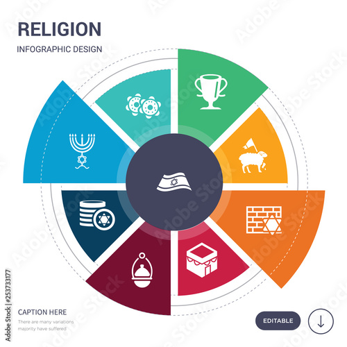 set of 9 simple religion vector icons. contains such as israel flag, jewish bagels, jewish candles, jewish coins, incense, kaaba, kotel icons and others. editable infographics design