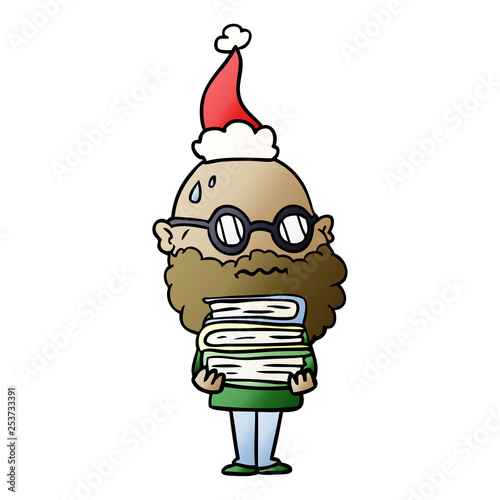gradient cartoon of a worried man with beard and stack of books wearing santa hat