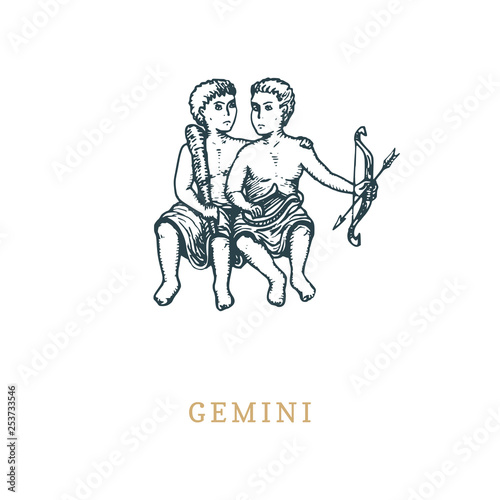 Gemini zodiac symbol, hand drawn in engraving style. Vector graphic retro illustration of astrological sign Twins .