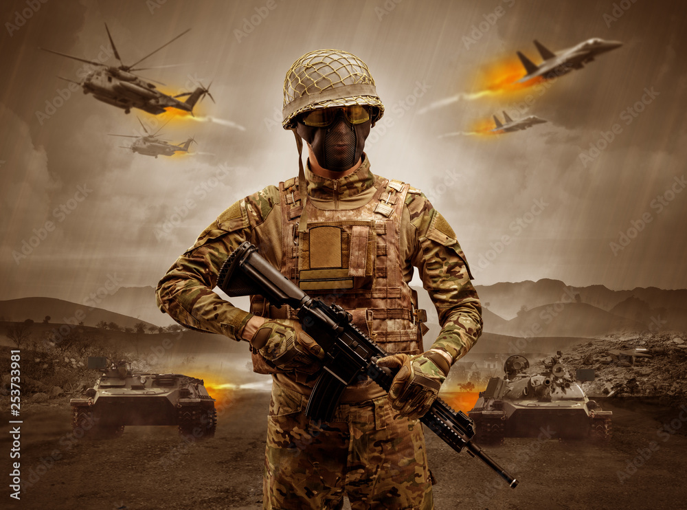 Armed soldier with sniper in the middle of a war
Armed soldier with sniper in the middle of a war