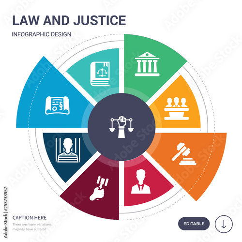 set of 9 simple law and justice vector icons. contains such as civil rights, constitutional law, contract law, convict, corporative counsel, court icons and others. editable infographics design photo