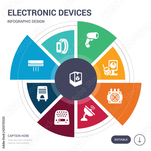 set of 9 simple electronic devices vector icons. contains such as 3d printer, activity tracker, air conditioner, air purifier, answering machine, antenna, asic miner icons and others. editable